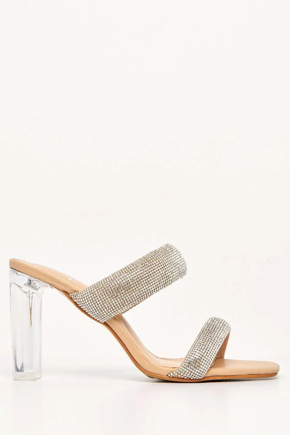 Cait 2 Strap Diamante Band Block Heel Mule in Beige