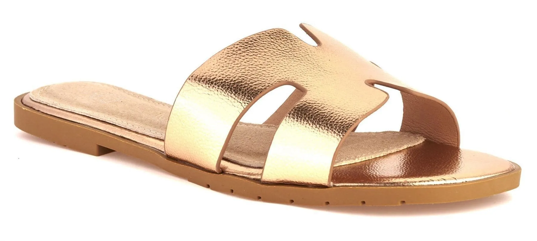 California Faux Leather Open Toe Flat Slider in Rose Gold