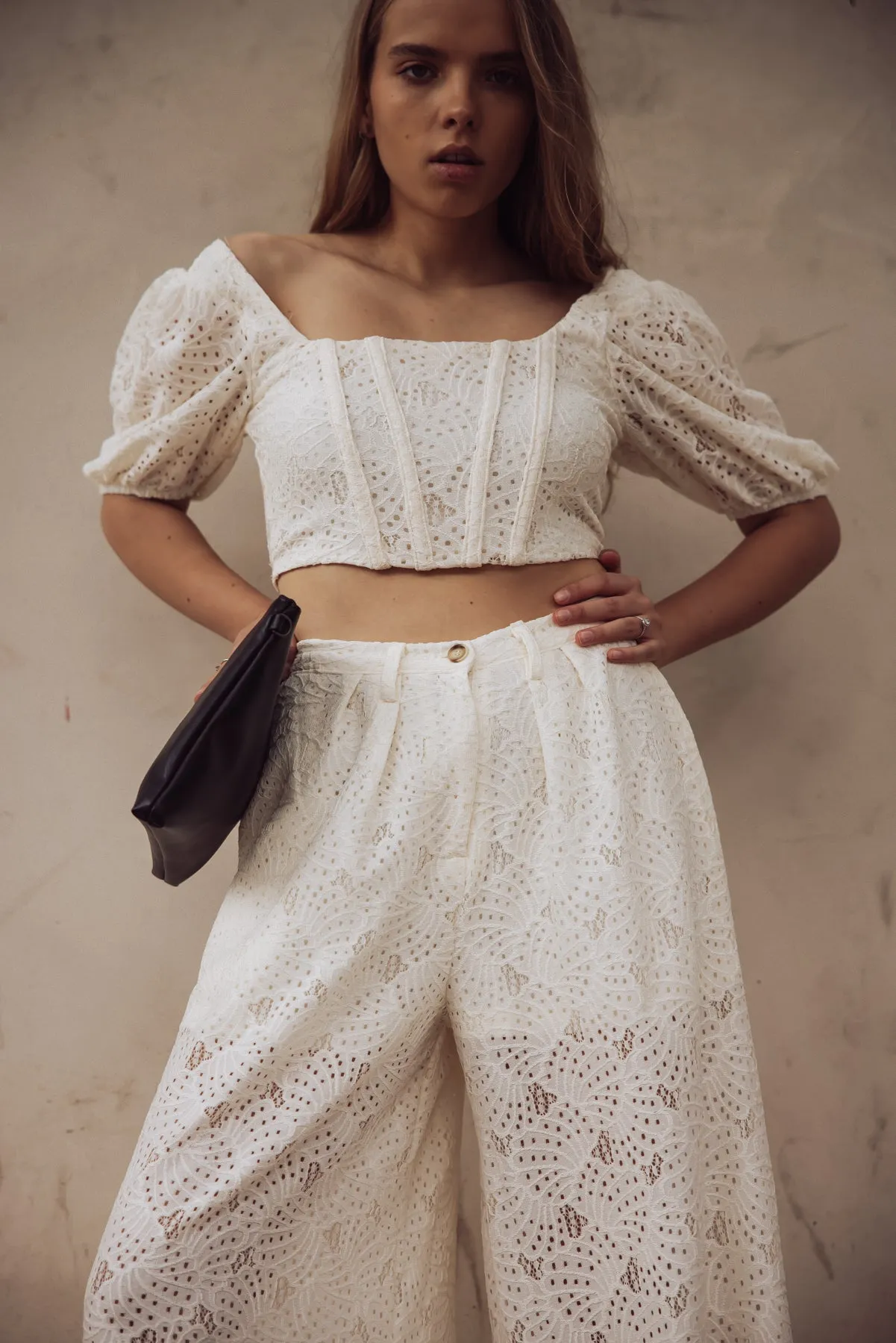 Carmen High-Waisted Eyelet Pants