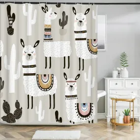 Cartoon Cat Llama Bathroom Curtain Shower Set