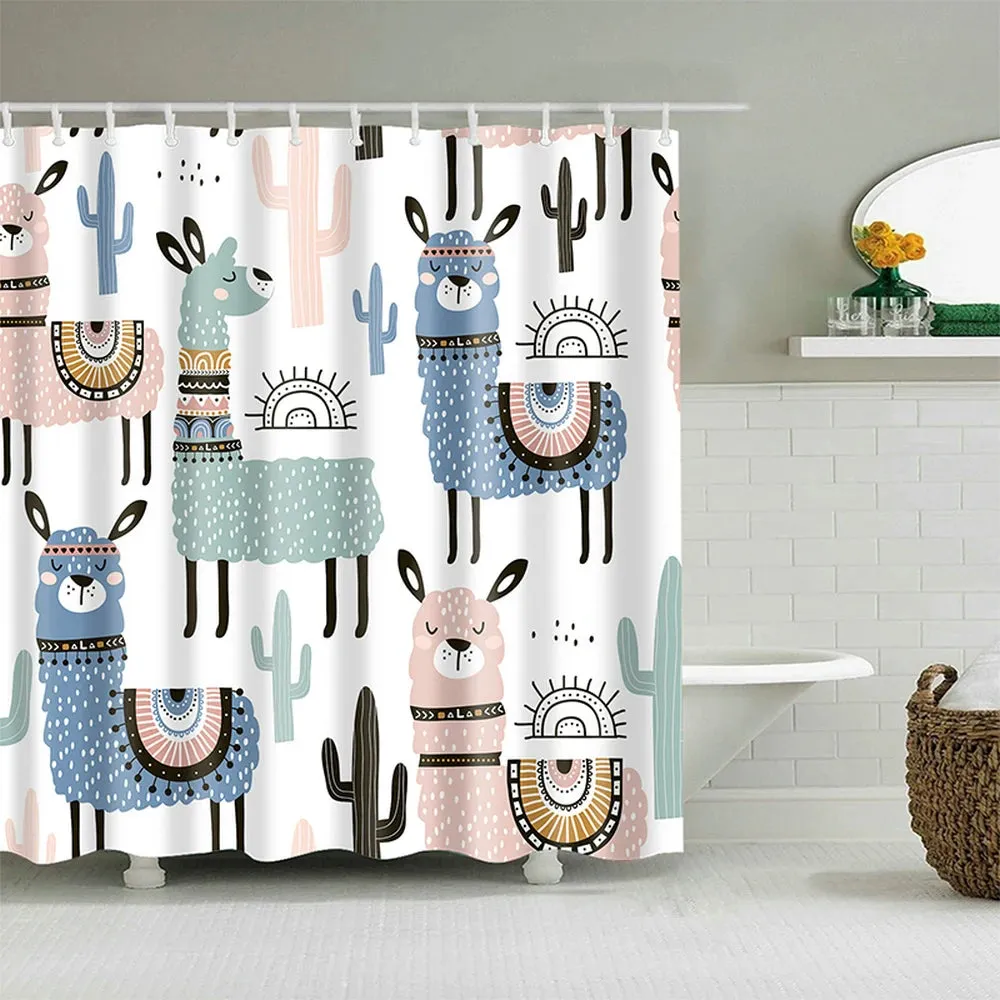 Cartoon Cat Llama Bathroom Curtain Shower Set