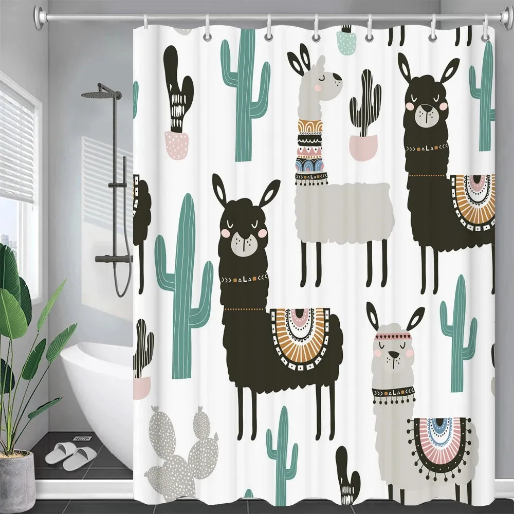 Cartoon Cat Llama Bathroom Curtain Shower Set