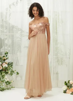 Champagne Gold Sequin Tulle Off-Shoulder Maxi Flowy Bridesmaid Dress