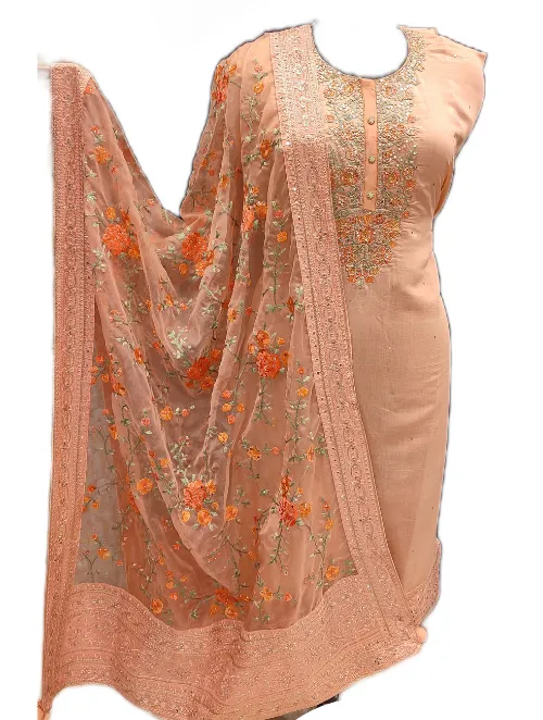 Chanderi Silk Unstitched Suit with Oraganza Dupatta