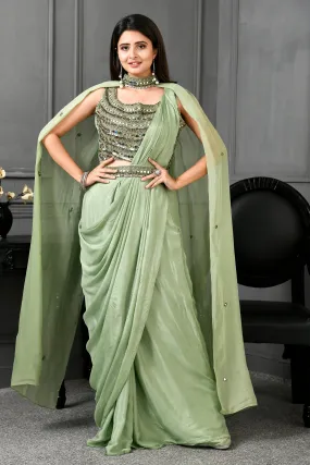 Chinon Drape Saree with Mirror Work,Patra Work and Cape