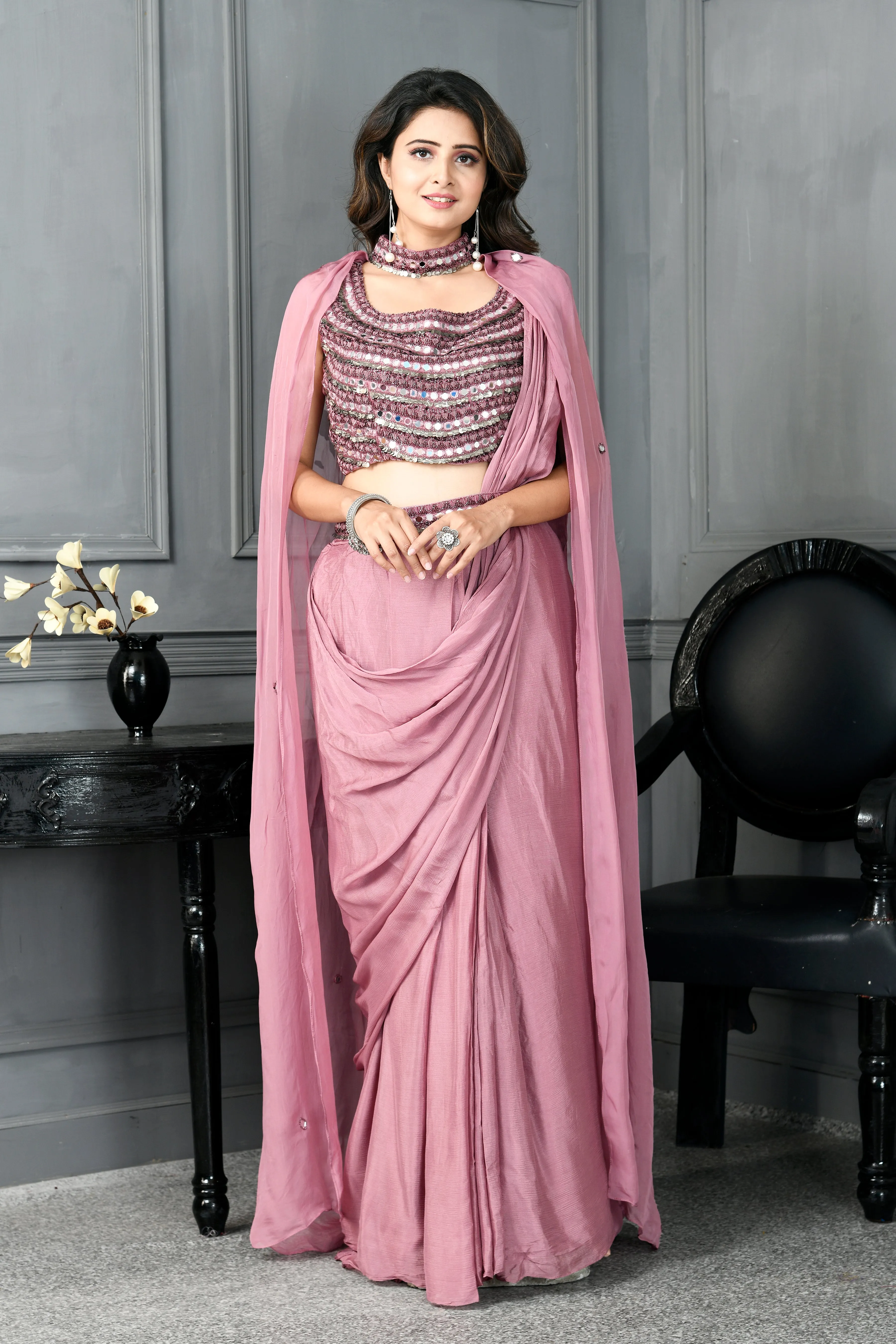 Chinon Drape Saree with Mirror Work,Patra Work and Cape