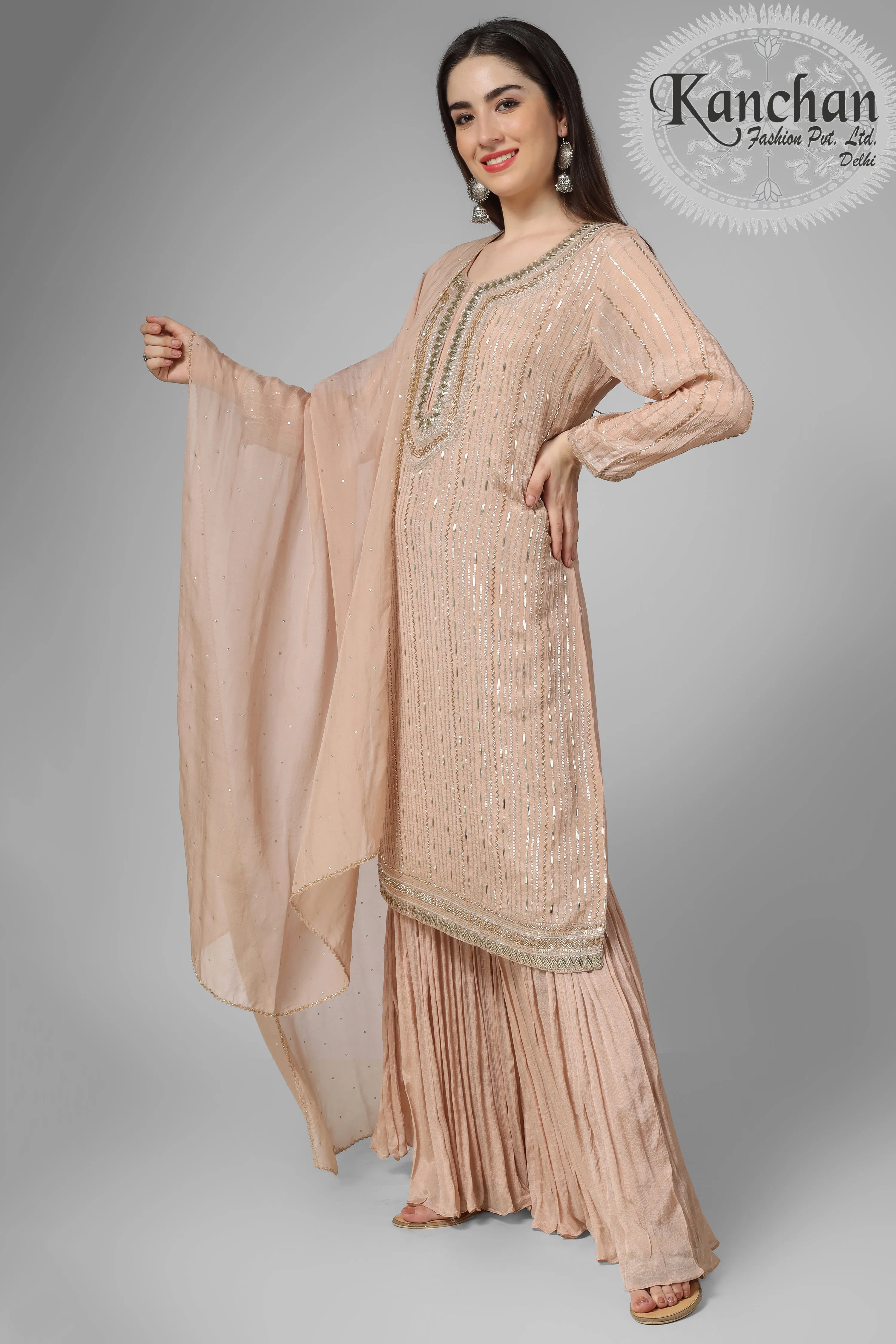 Chinon Suit with Sharara and Dupatta