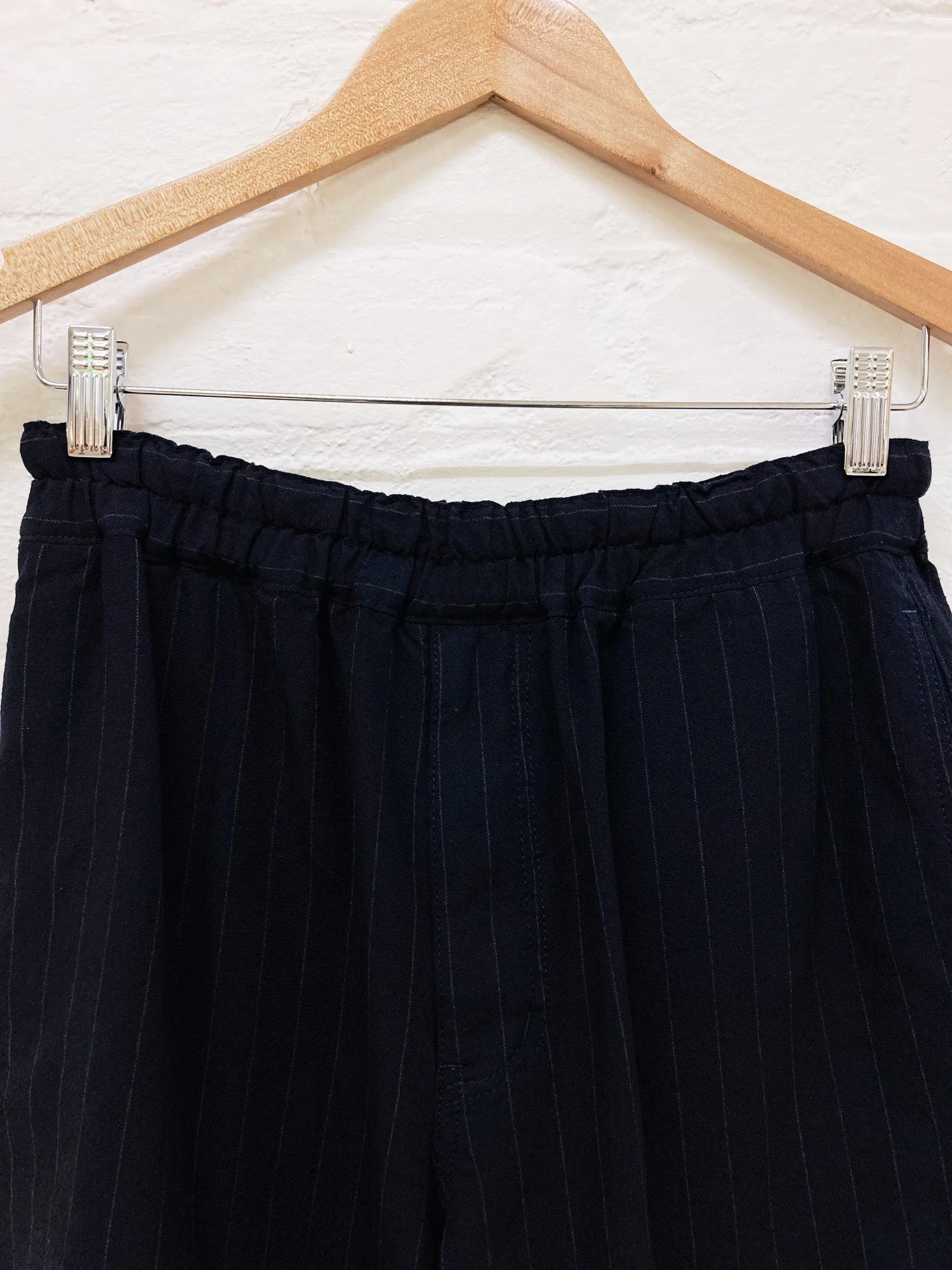 Comme des Garcons Homme Deux 2012 dark navy wool stripe elastic waist shorts XXS