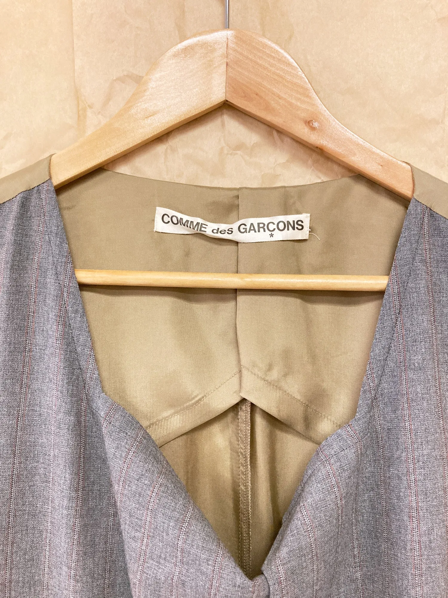 Comme des Garcons SS1995 grey wool front brown satin back full length vest dress