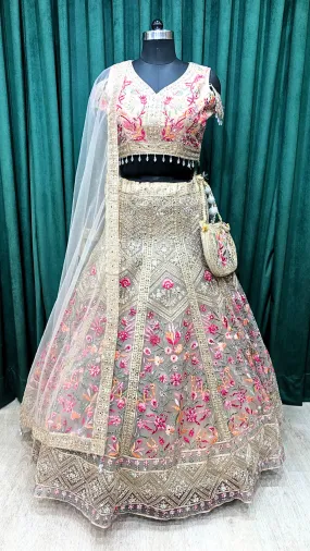 Cream Net Lehenga With Multi Thread Work