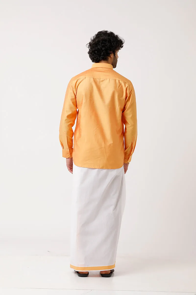 Divine - Golden Yellow Matching Shirt and Dhoti Set For Men | Uathayam