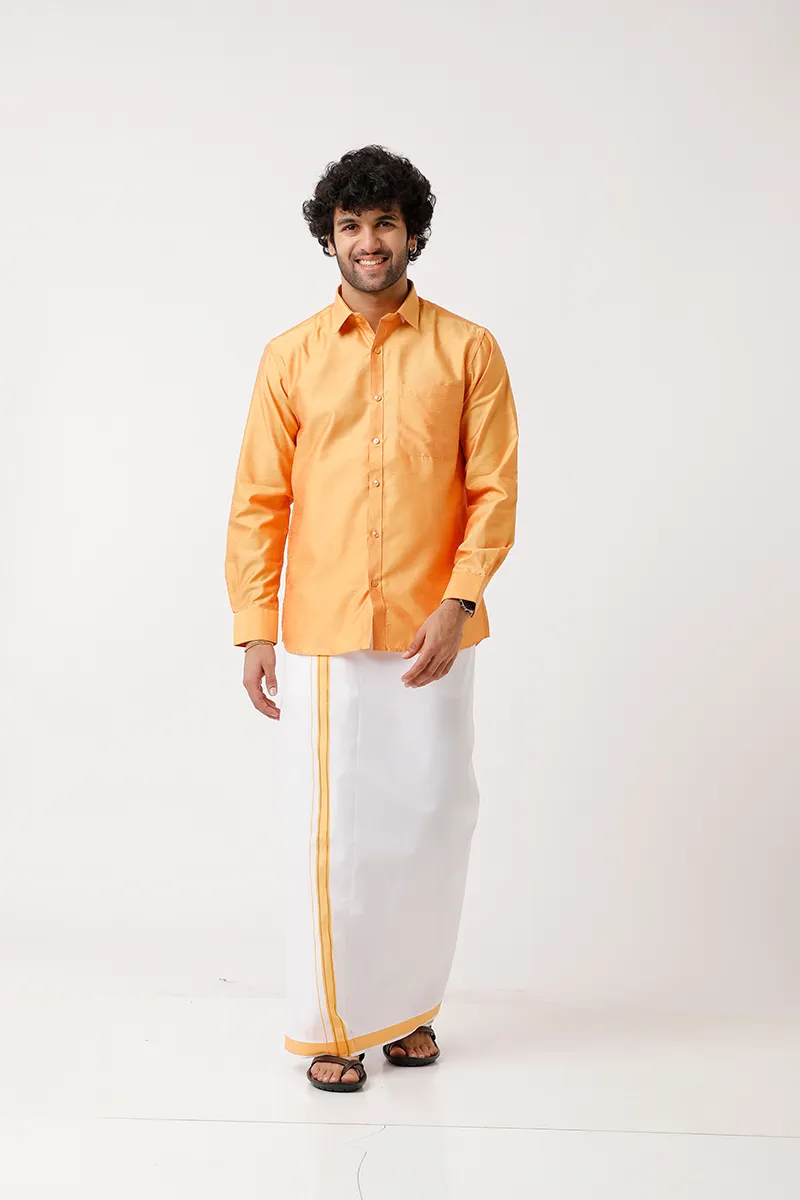 Divine - Golden Yellow Matching Shirt and Dhoti Set For Men | Uathayam