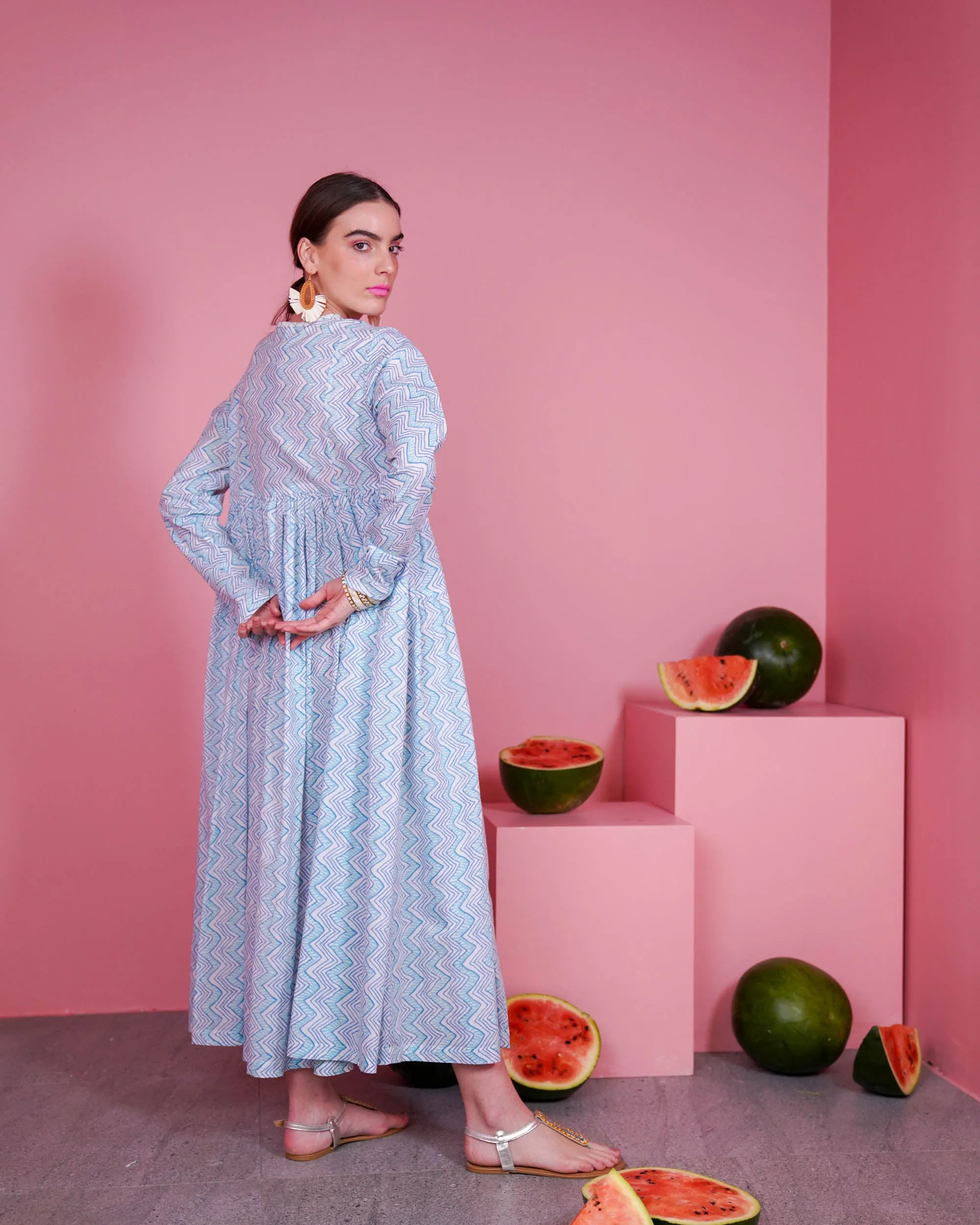 Embroidered neck with klosh design and waist gathered with long sleeves cotton kaftan 2593 - قفطان