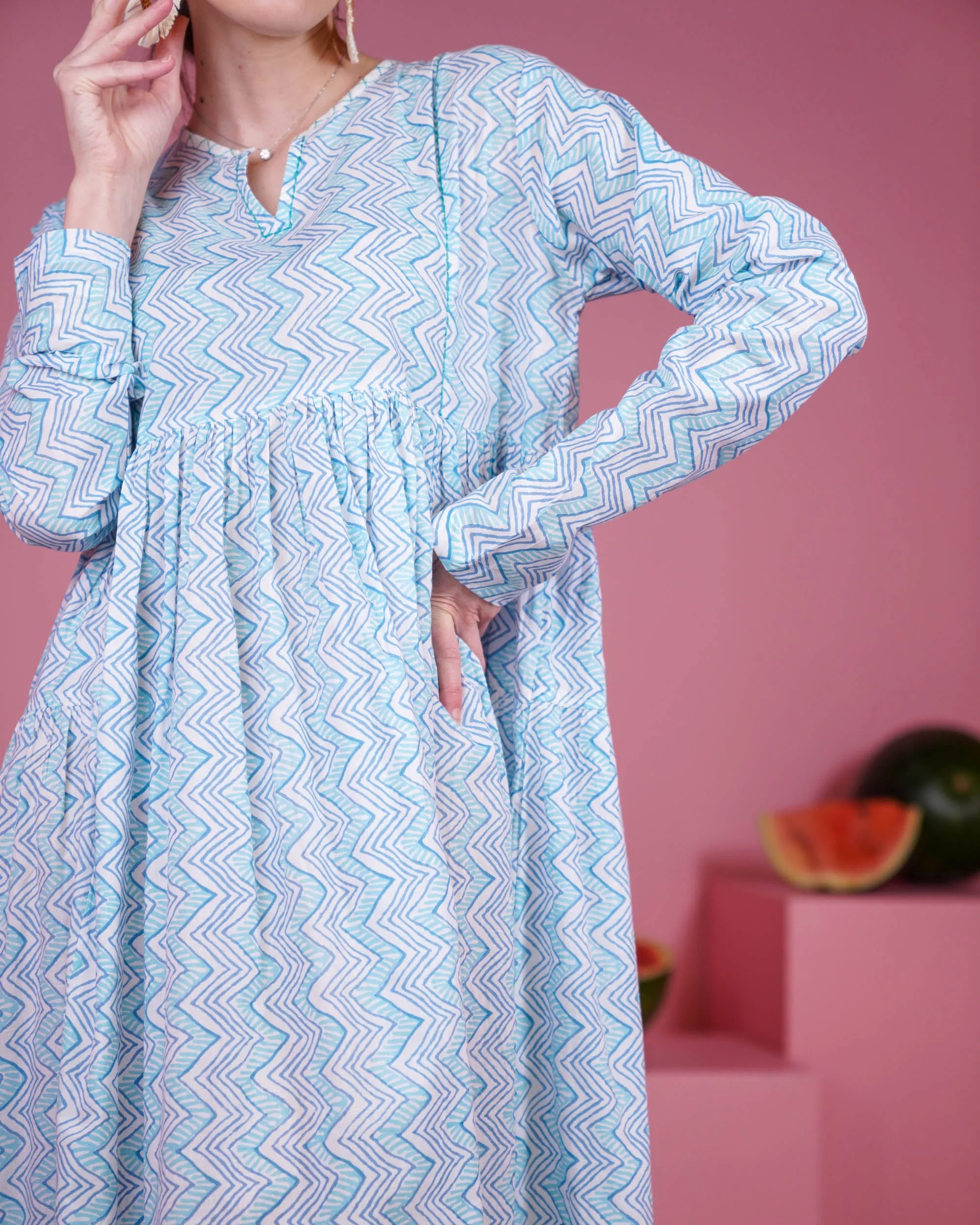 Embroidered neck with klosh design and waist gathered with long sleeves cotton kaftan 2593 - قفطان