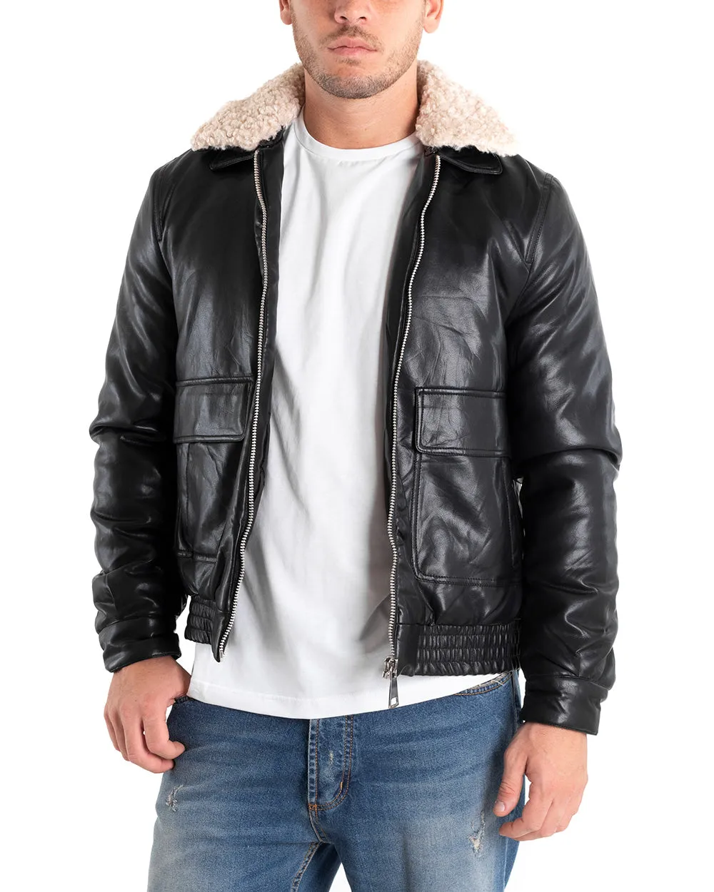 Giubbotto Uomo Giacca Bomber Ecopelle Nero Collo Pelliccia GIOSAL-G2872A