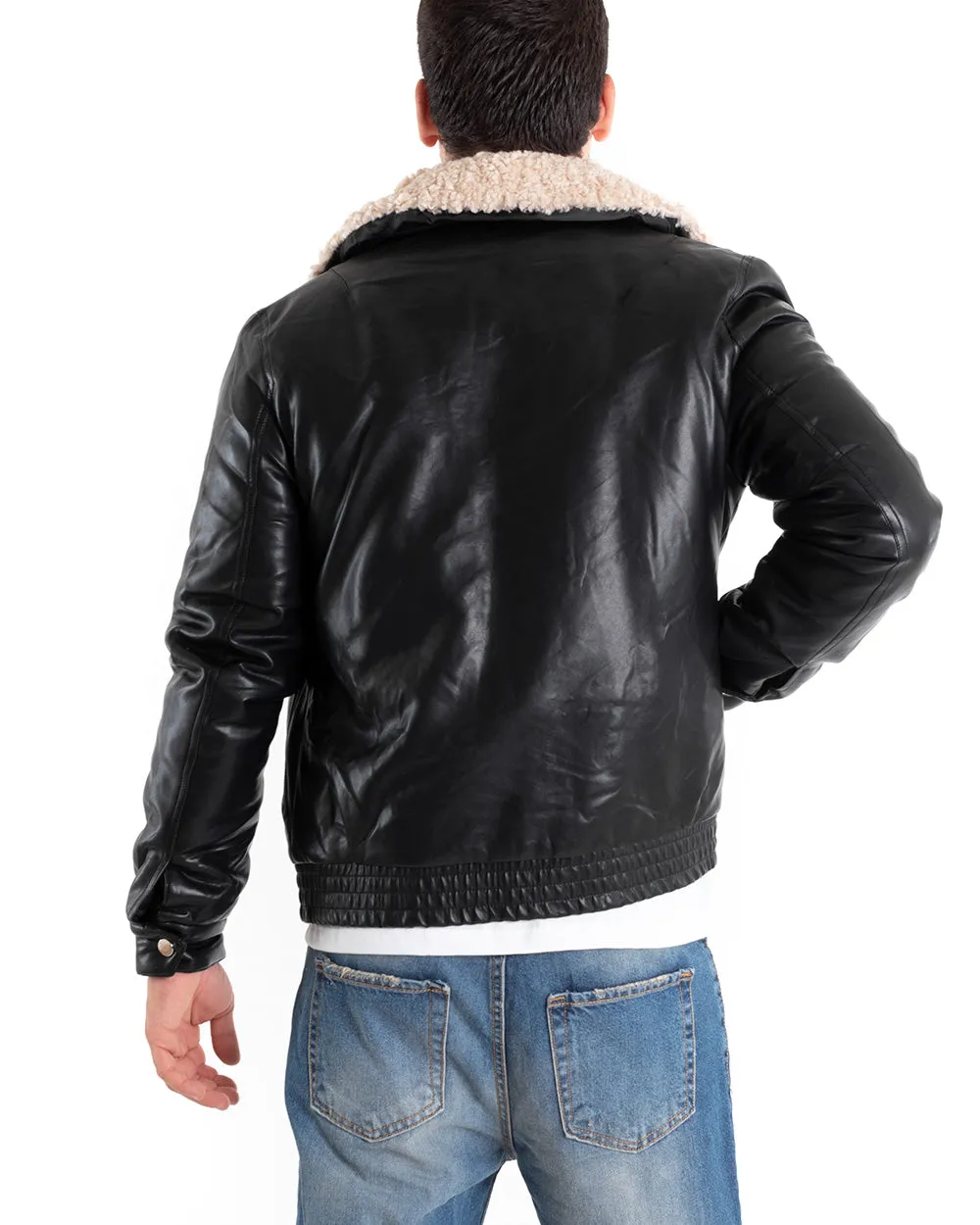 Giubbotto Uomo Giacca Bomber Ecopelle Nero Collo Pelliccia GIOSAL-G2872A