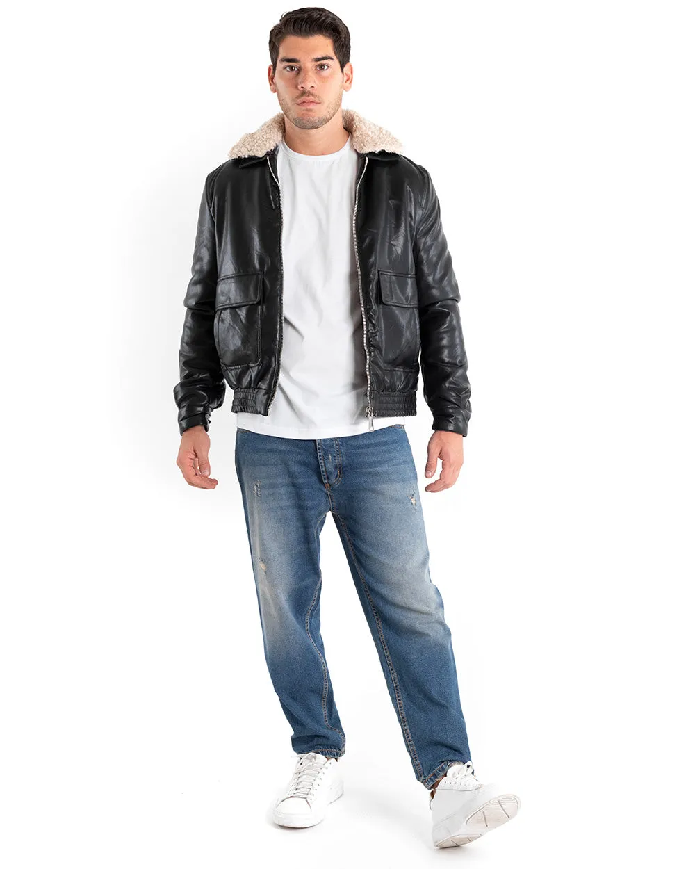 Giubbotto Uomo Giacca Bomber Ecopelle Nero Collo Pelliccia GIOSAL-G2872A