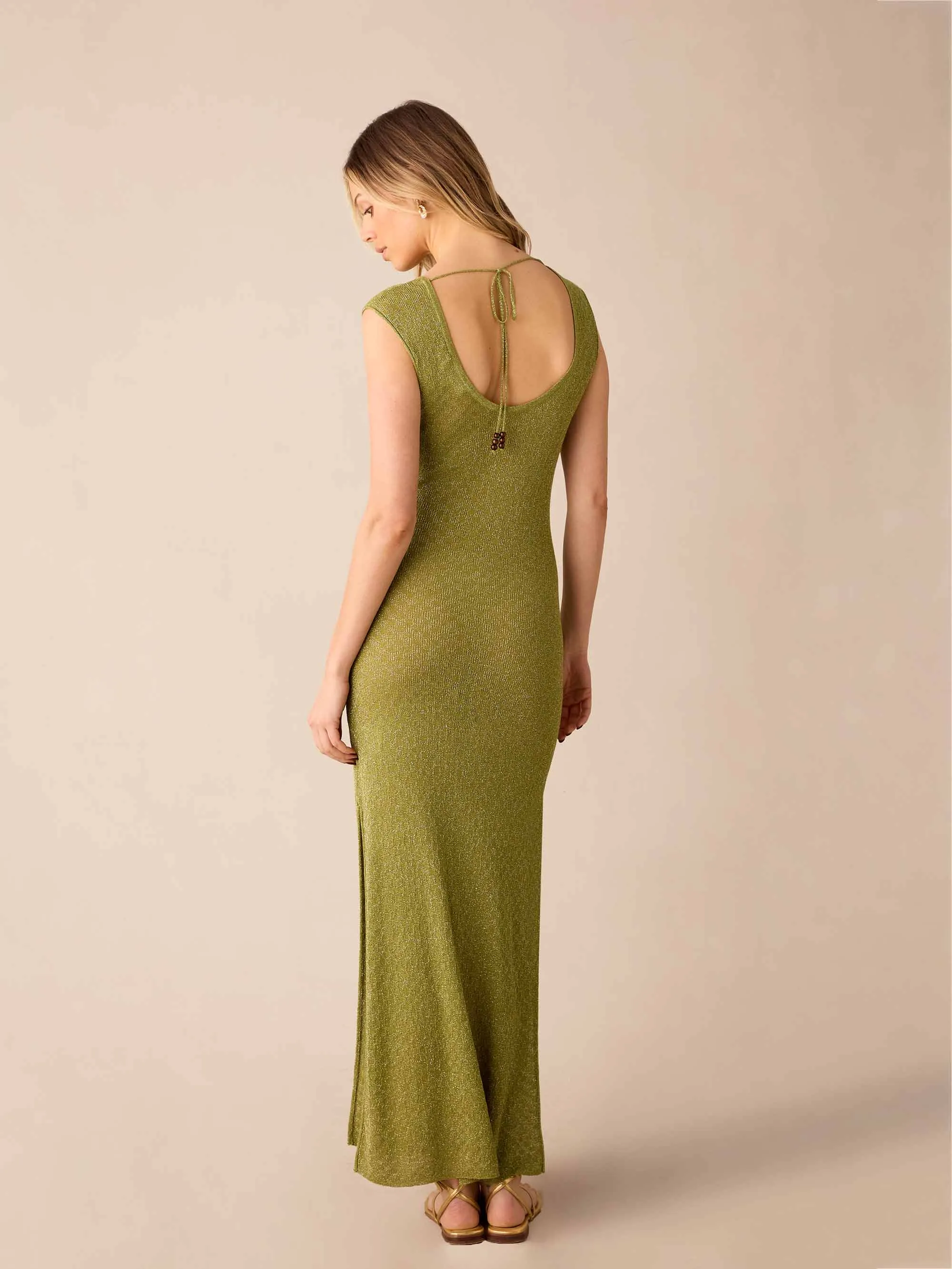 Green Sheer Lurex Knit Column Dress