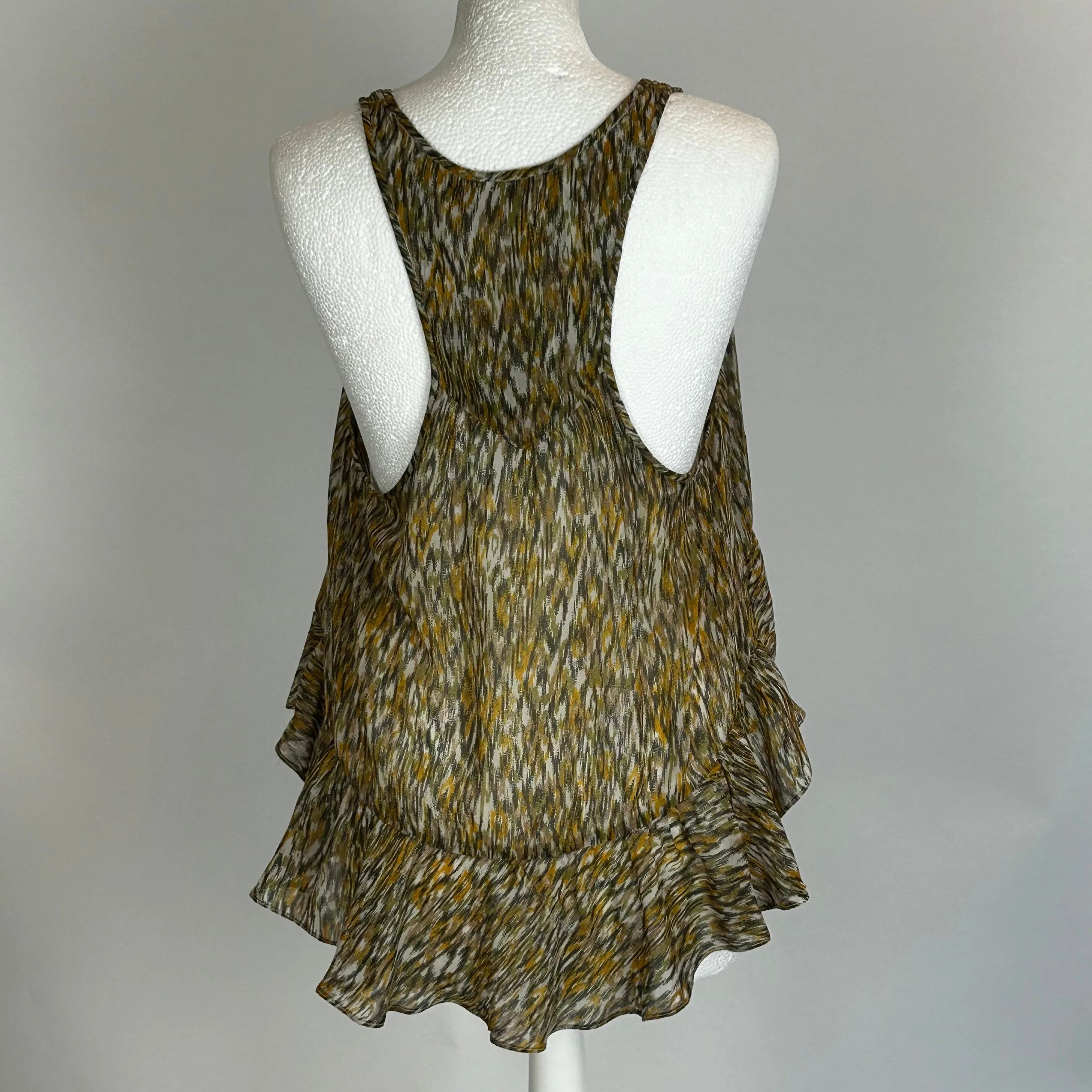 Isabel Marant Etoile Green & Golden Print Chiffon Tiered Top S