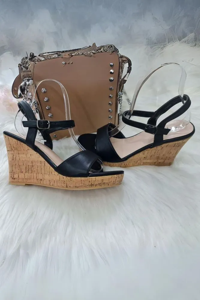 Leather Ankle Buckle Croc Effect Wedge Heel Sandal