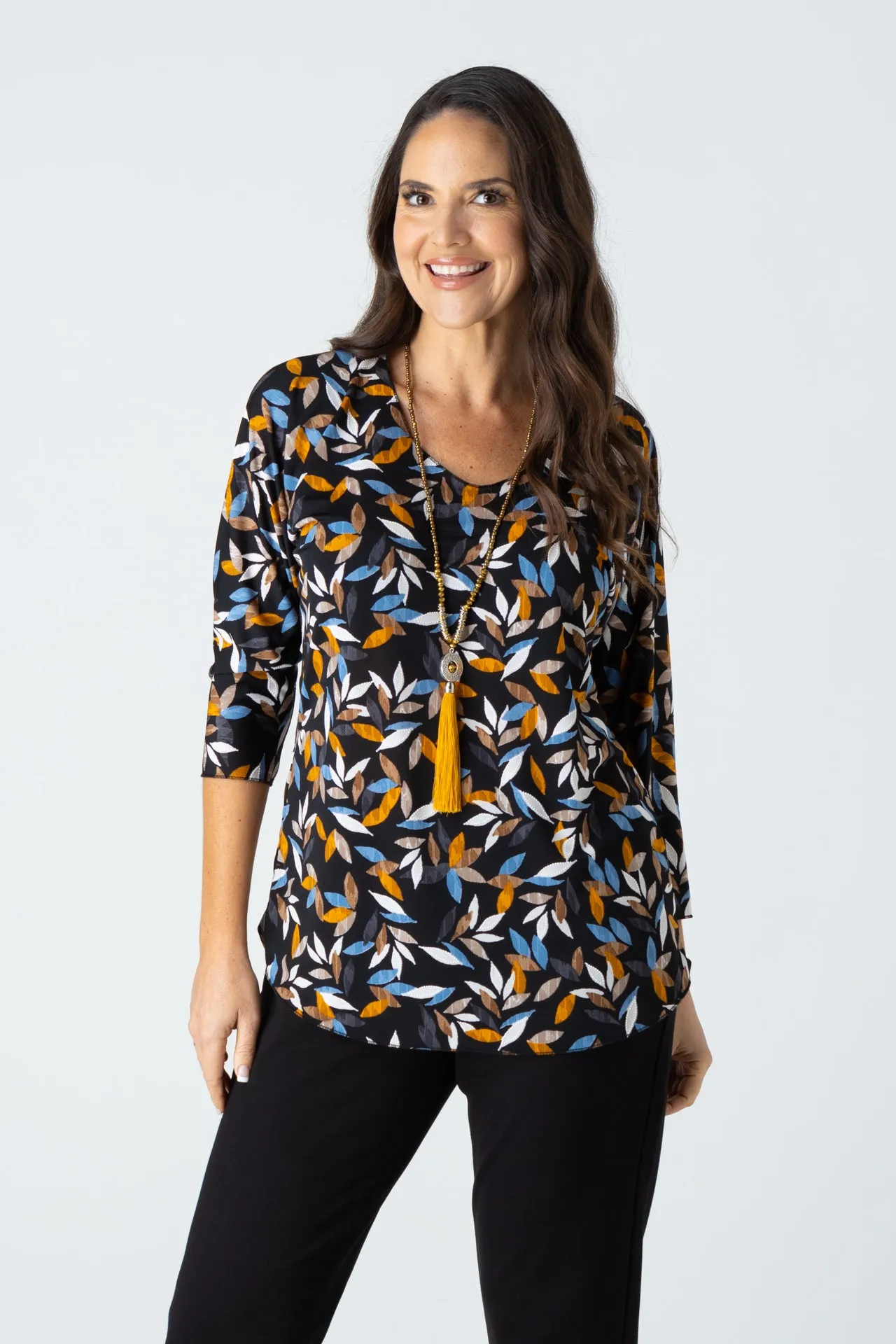 Leaves Print Jersey 3/4 Sleeve Top