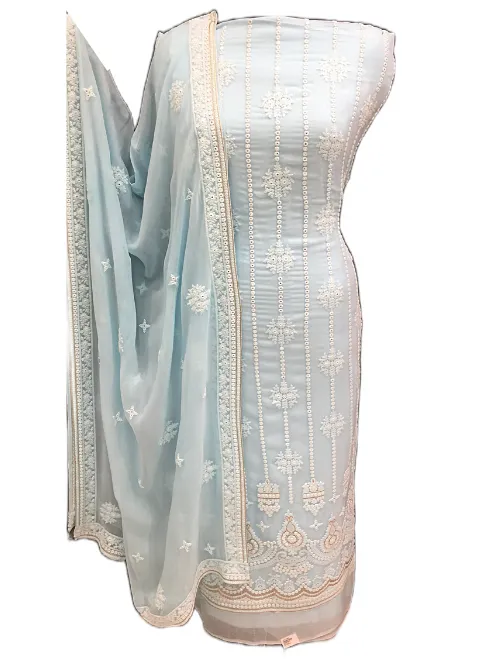 Lucknowi Chikankari Georgette Unstitched Suit with Mirror Work and Dupatta