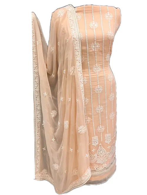 Lucknowi Chikankari Georgette Unstitched Suit with Mirror Work and Dupatta