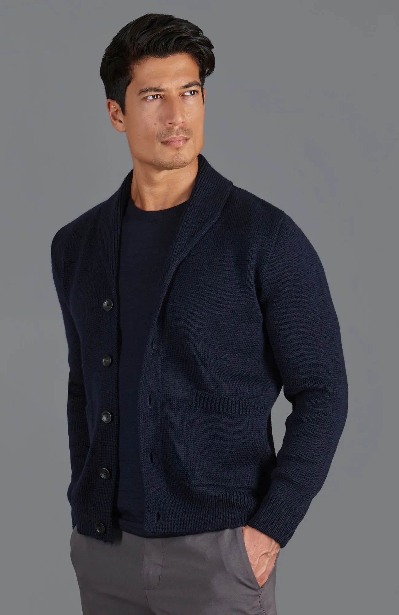 Mens Chunky Merino Wool Shawl Collar Cardigan