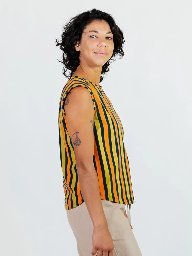 Millie Muscle Tee - Navy Chartreuse Stripe