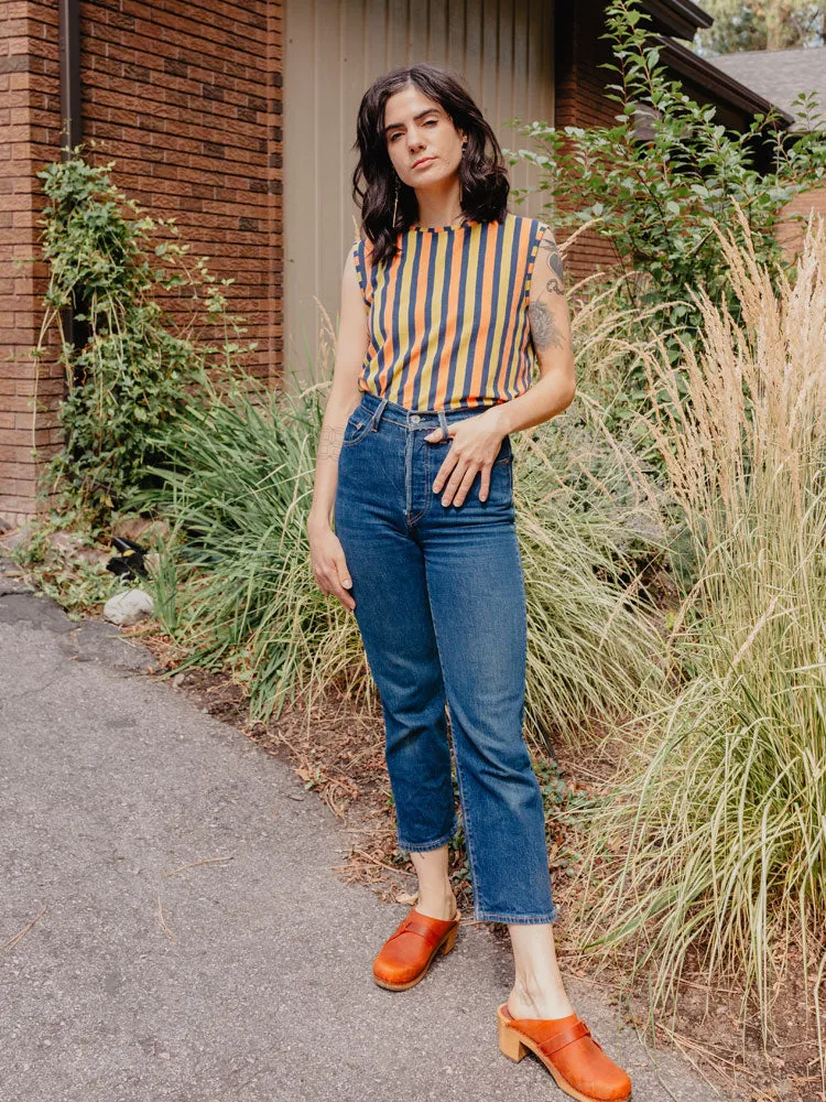 Millie Muscle Tee - Navy Chartreuse Stripe