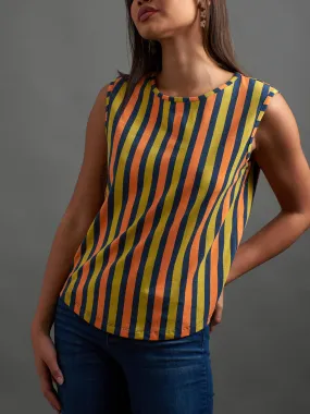 Millie Muscle Tee - Navy Chartreuse Stripe