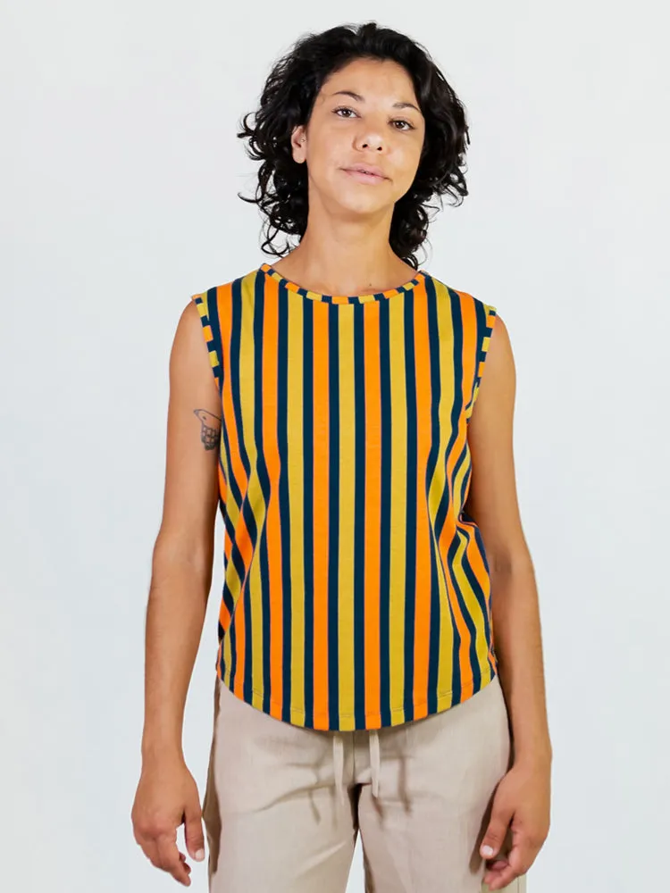 Millie Muscle Tee - Navy Chartreuse Stripe