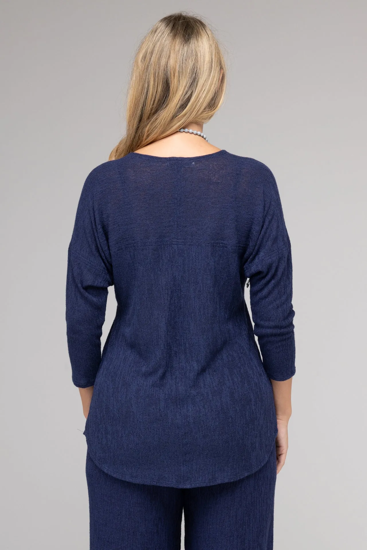 Navy Haven Feature Stitched Poly/Rayon Knit 3/4 Sleeve Top