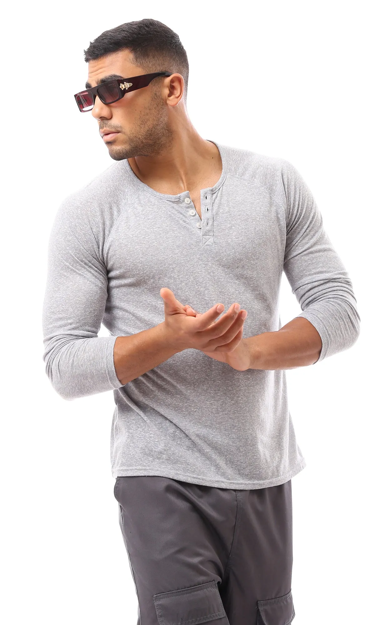 O171798 Buttoned Round Neck Heather Grey Henley Shirt