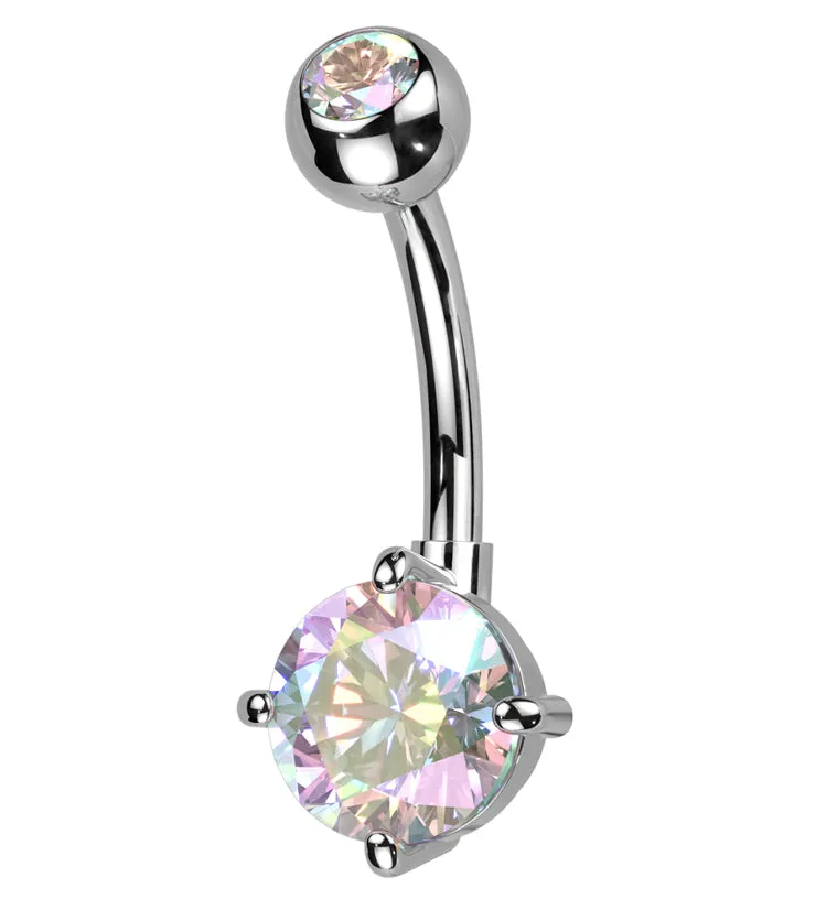 Prong Rainbow Aurora CZ Titanium Belly Button Ring