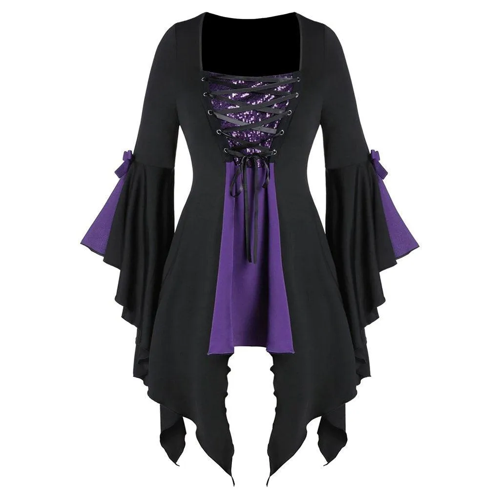 Ragged Hem Witch Dress With Flared Sleeves