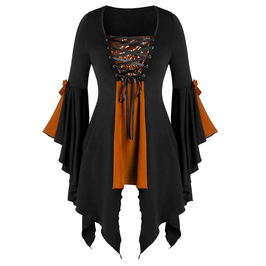 Ragged Hem Witch Dress With Flared Sleeves