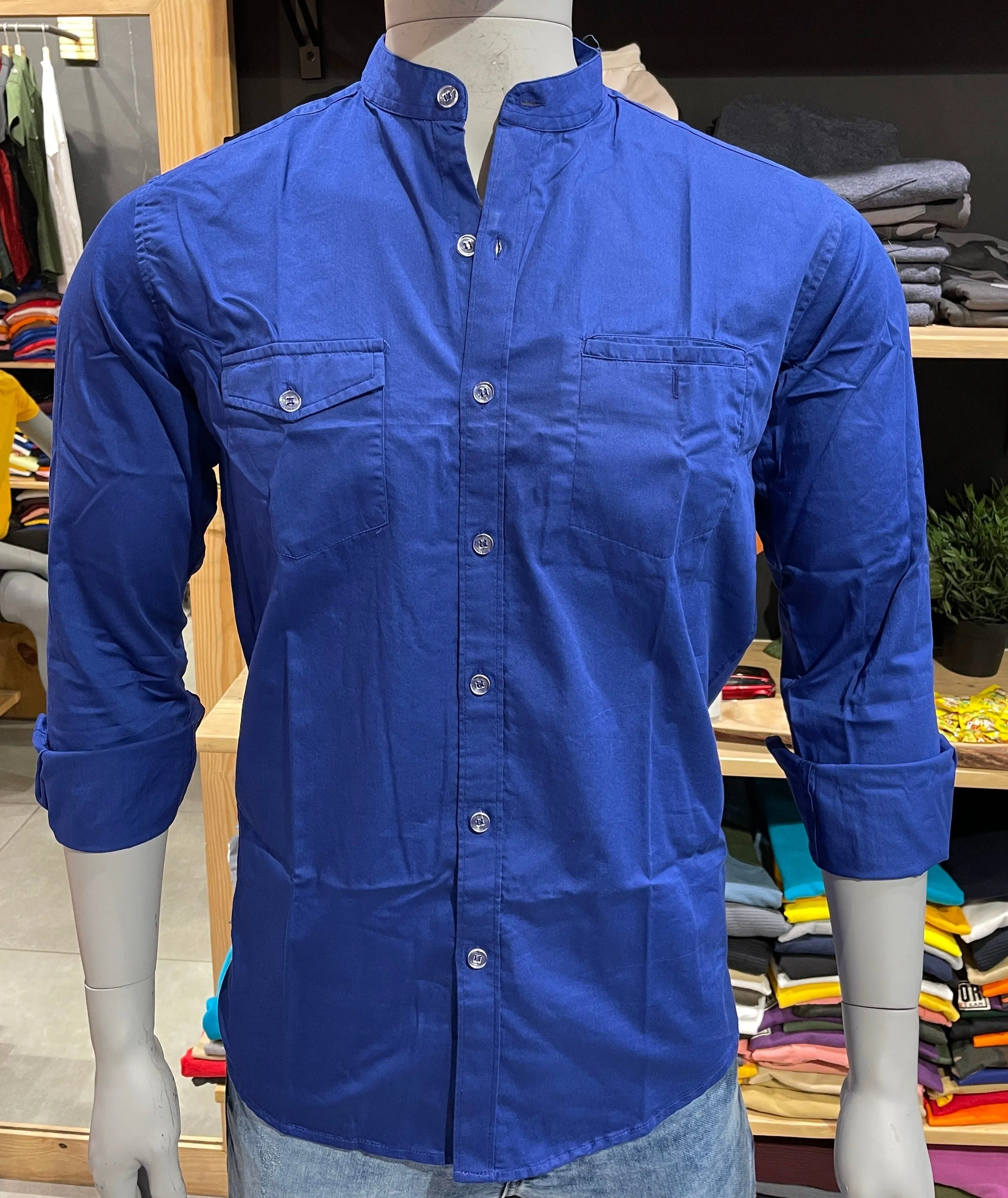 Royal Blue Chinese Collar Bon Pocket Shirt