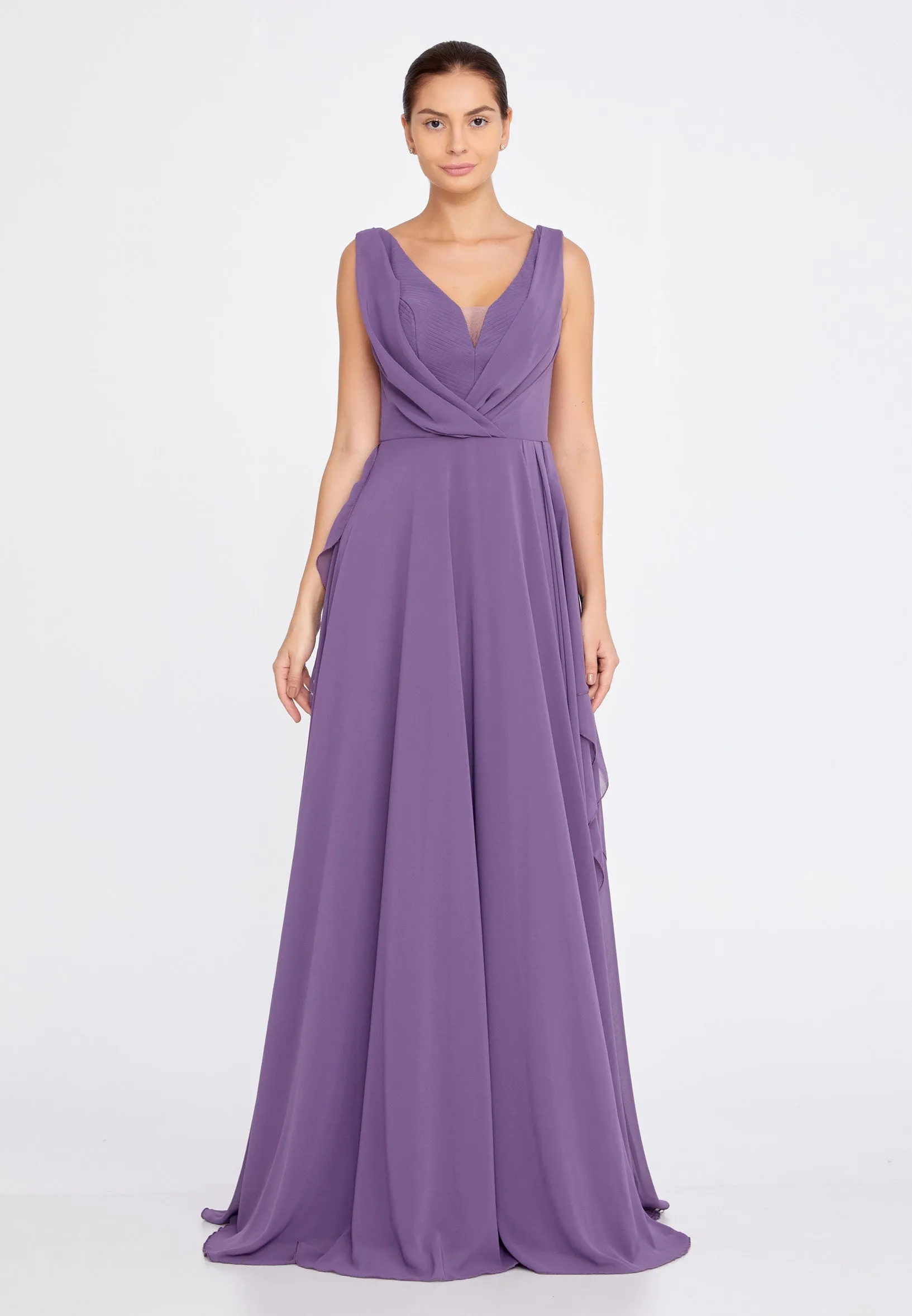 Sleeveless Maxi Chiffon A-Line Wedding Guest Dress - Purple