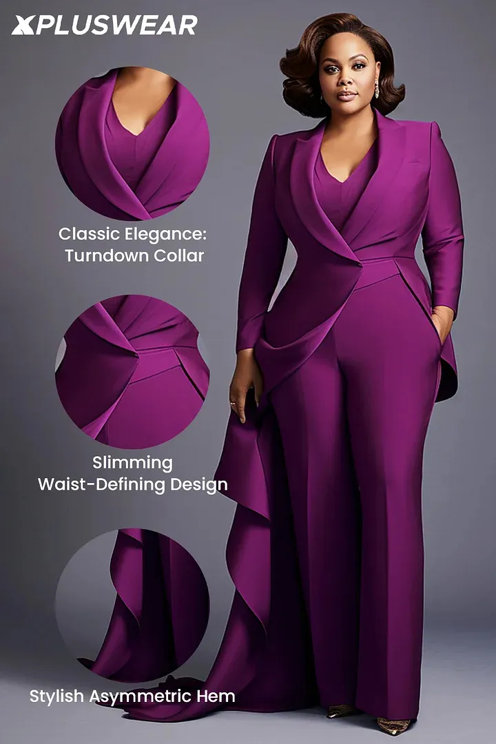 Xpluswear Design Plus Size Mother Of The Bride Elegant Purple Turndown Collar Long Sleeve Flounce Pockets Two Piece Pant Sets 